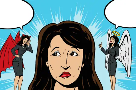 Businesswoman battling against temptation