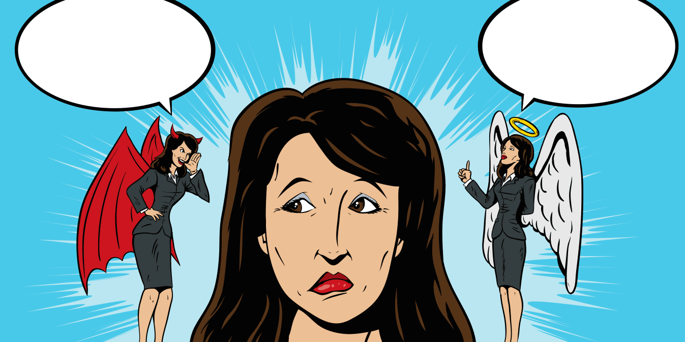 Businesswoman battling against temptation