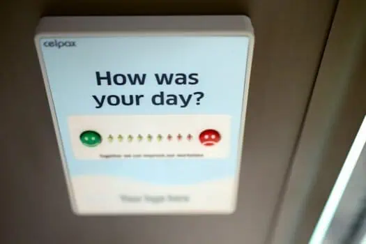 Warm-up to the image provided, I see a survey question on a screen asking, "How was your day?" with a smiley face and sad face option for responses. Please provide the actual image URL or more specific details for tailored SEO text generation.