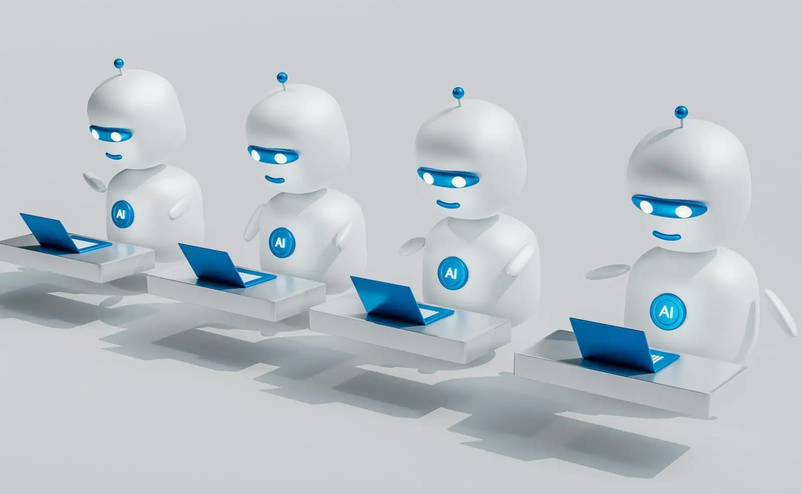 Robots working on laptops symbolising artificial intelligence and technology.