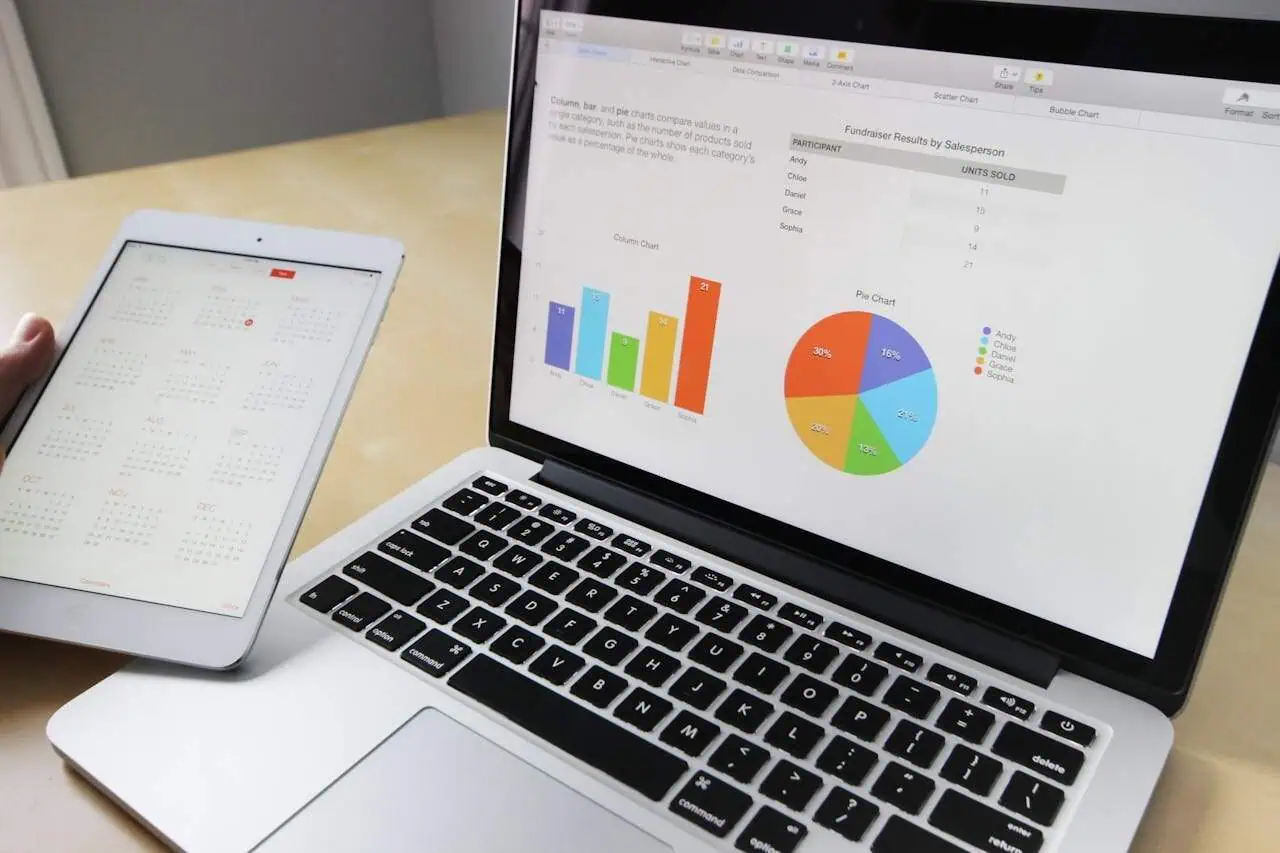 Graph showing sales performance and fundraising results on a laptop screen, with a person holding a tablet displaying a calendar, representing digital marketing, data analysis, and charity fundraising efforts for Prowess.