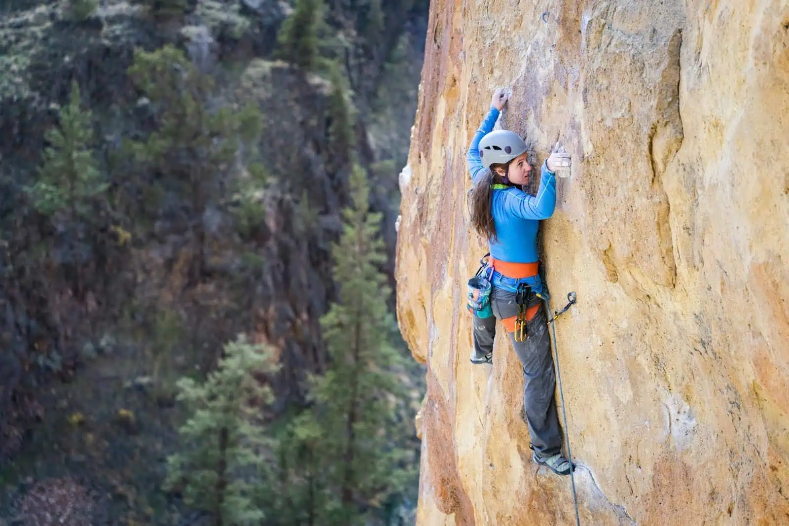 Climber ascending a natural rock wall on a steep outdoor cliff, equipped with safety gear, helmet, and harness in a scenic mountain forest landscape.
