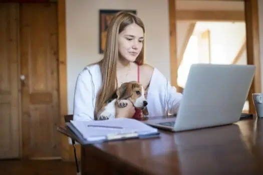 Young woman working on a laptop with a puppy on her lap at home, representing remote work, pet care, and online engagement.