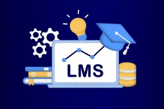 Digital learning management system (LMS) illustration with icons of books, gears, a light bulb, coins, and a graduation cap representing education technology and online training.