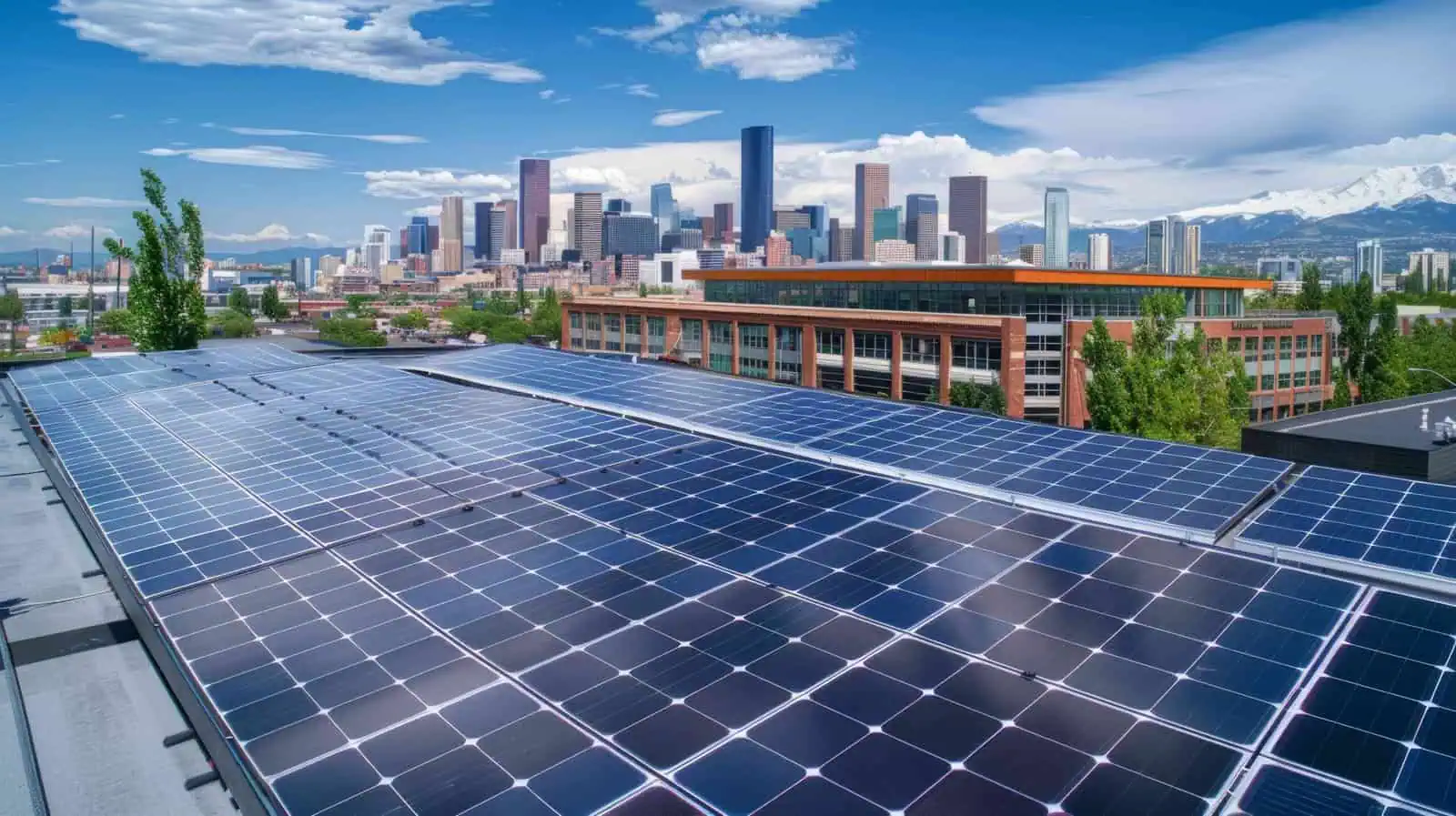 Solar panels on a rooftop with a city skyline and mountains in the background, highlighting renewable energy and sustainable solutions in urban environments.