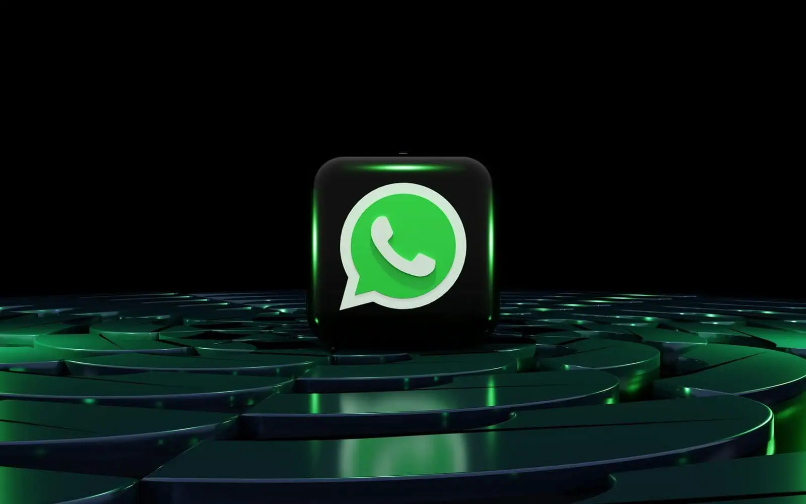 Green WhatsApp logo on a digital black cube with green accents, representing online communication and messaging apps.
