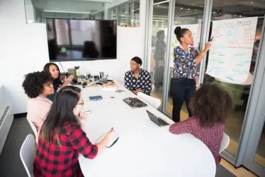 Innovative women’s empowerment workshop focusing on personal development and leadership skills in a modern office setting. Diverse group engaged in brainstorming and strategic planning.