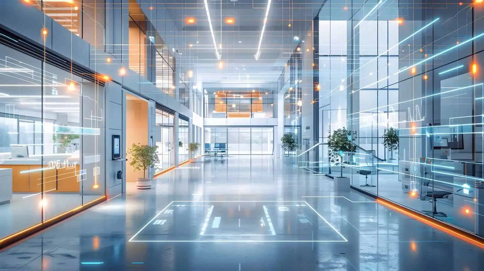 Futuristic modern office interior with digital holographic interface and smart technology integration, showcasing innovation, connectivity, and smart working environment.