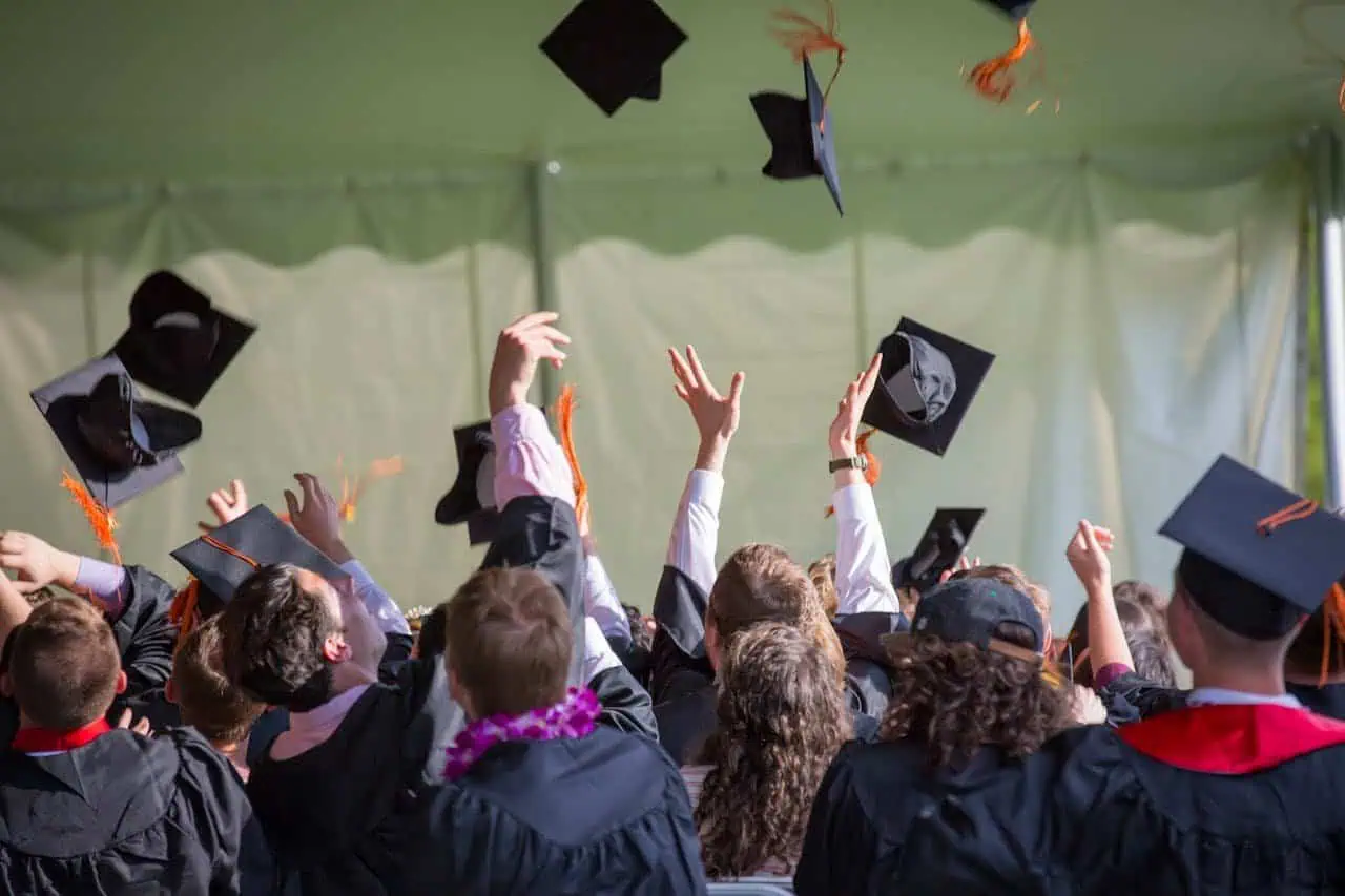 Graduation ceremony with students throwing caps in the air, celebrating academic achievement and success at Prowess educational programme.
