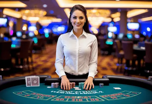 Professional female casino dealer at a gaming table in a luxurious casino environment, smiling and ready to host gambling games, highlighting casino entertainment and gaming services.