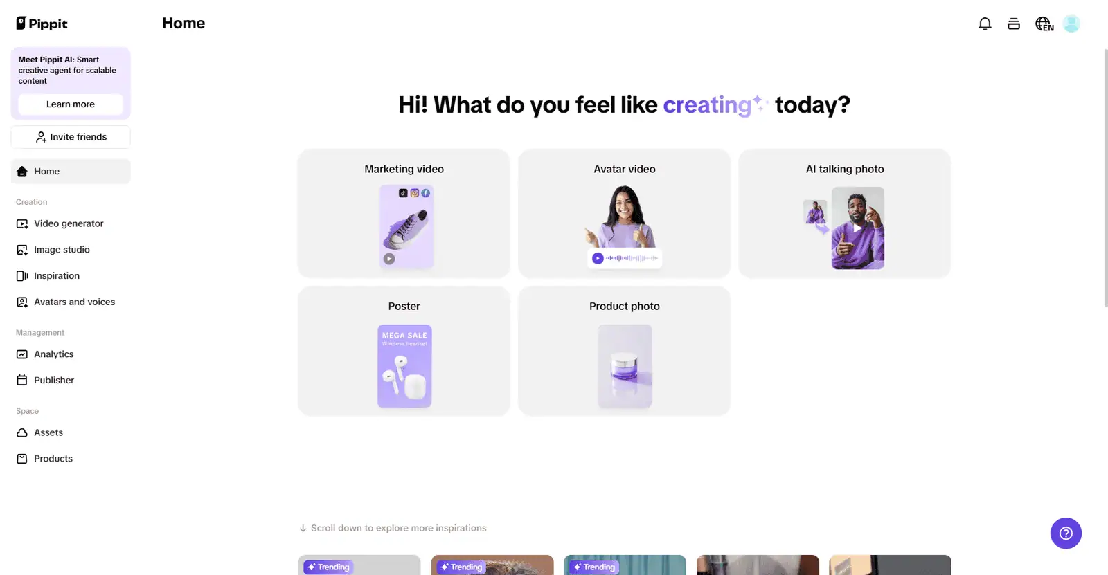 AI-powered digital creation platform with tools for video, image, avatar, and product generation, supporting scalable content creation and creative workflows.
