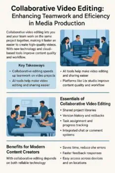 Flexible remote teamwork for media production, showcasing collaborative video editing tools, AI-powered features, and cloud-based platforms to enhance content quality and streamline workflow.