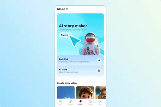 AI story maker app interface with astronaut image for video creation and AI tools for content sharing, highlighting innovative AI video editing solutions.