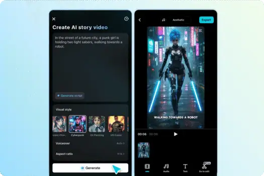 Futuristic cyberpunk woman with blue hair wielding glow-in-the-dark light sabers in dark city alleyway, representing innovative digital storytelling and AI-generated visuals for creative project promotion.