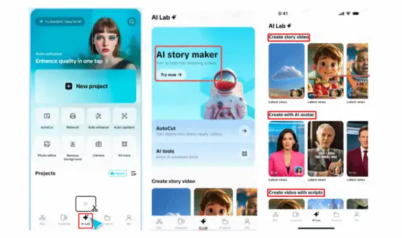 AI story maker for creating engaging AI-generated videos via Prowess platform, showcasing options like AI avatar, video scripts, and story creation tools.