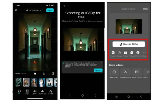 High-quality mobile video export process for social media, showcasing editing, 1080p resolution, sharing options, and quick actions for creating engaging content with Prowess app.