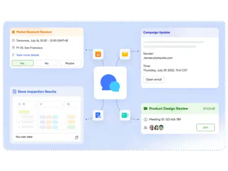 Market research meeting schedule and marketing campaign overview on a digital dashboard, highlighting team communication, store inspection results, and product review sessions.