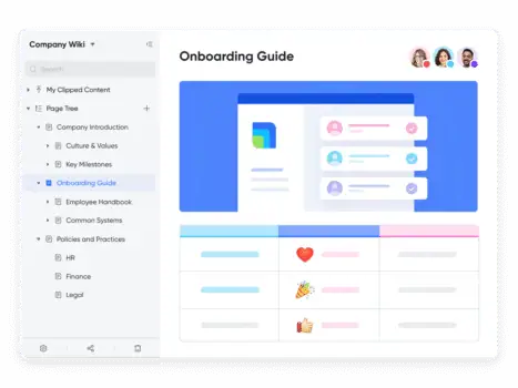 Onboarding guide webpage from Prowess company knowledge management platform, showing company policies, cultural values, and employee onboarding resources in a user-friendly interface.