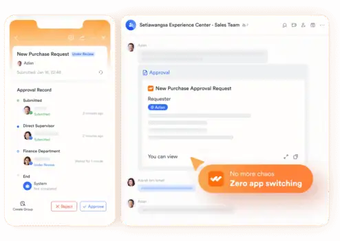 Request approval workflow screenshot showing seamless app switching and collaboration on purchase requests.