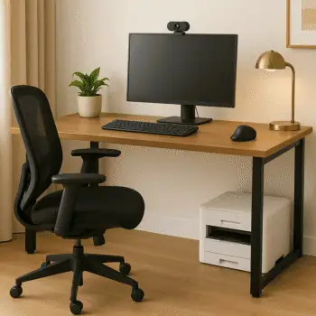 Modern home office setup with ergonomic office chair, desktop computer, printer, desk lamp, and potted plant, ideal for remote work and virtual meetings.