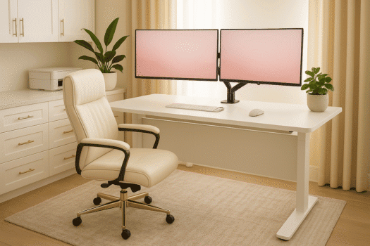 Modern workspace with dual monitors on a white desk, surrounded by potted plants, an ergonomic chair, and light neutral decor, promoting productivity and ergonomic comfort.