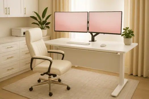 Modern workspace with dual monitors on a white desk, surrounded by potted plants, an ergonomic chair, and light neutral decor, promoting productivity and ergonomic comfort.