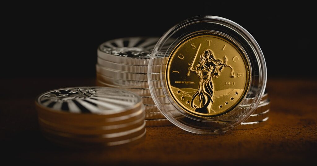 a stack of coins sitting on top of a table