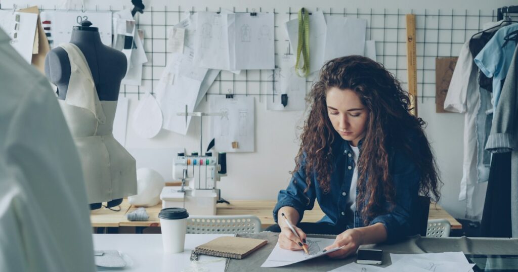 Young woman fashion designer is drawing ladies' garment sketch at desk in modern workshop. Mannequin, sewing items, to-go coffee are visible. Creativity in clothing manufacturing concept.