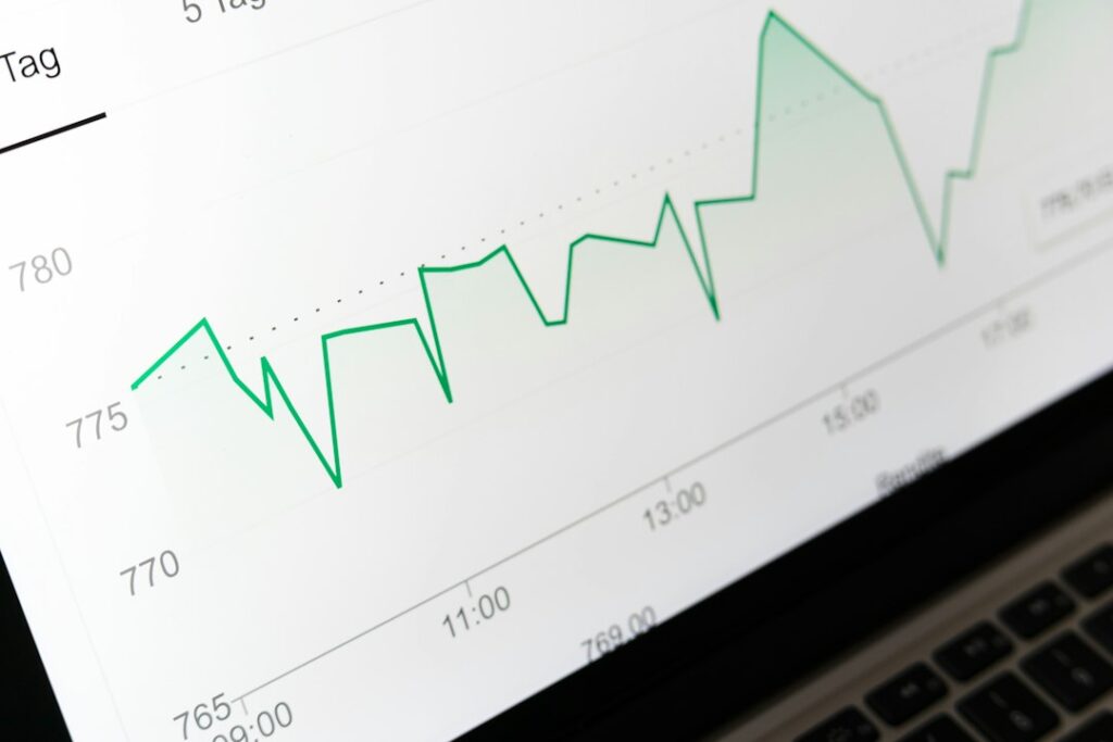Stock market chart on a laptop screen, showing investment performance