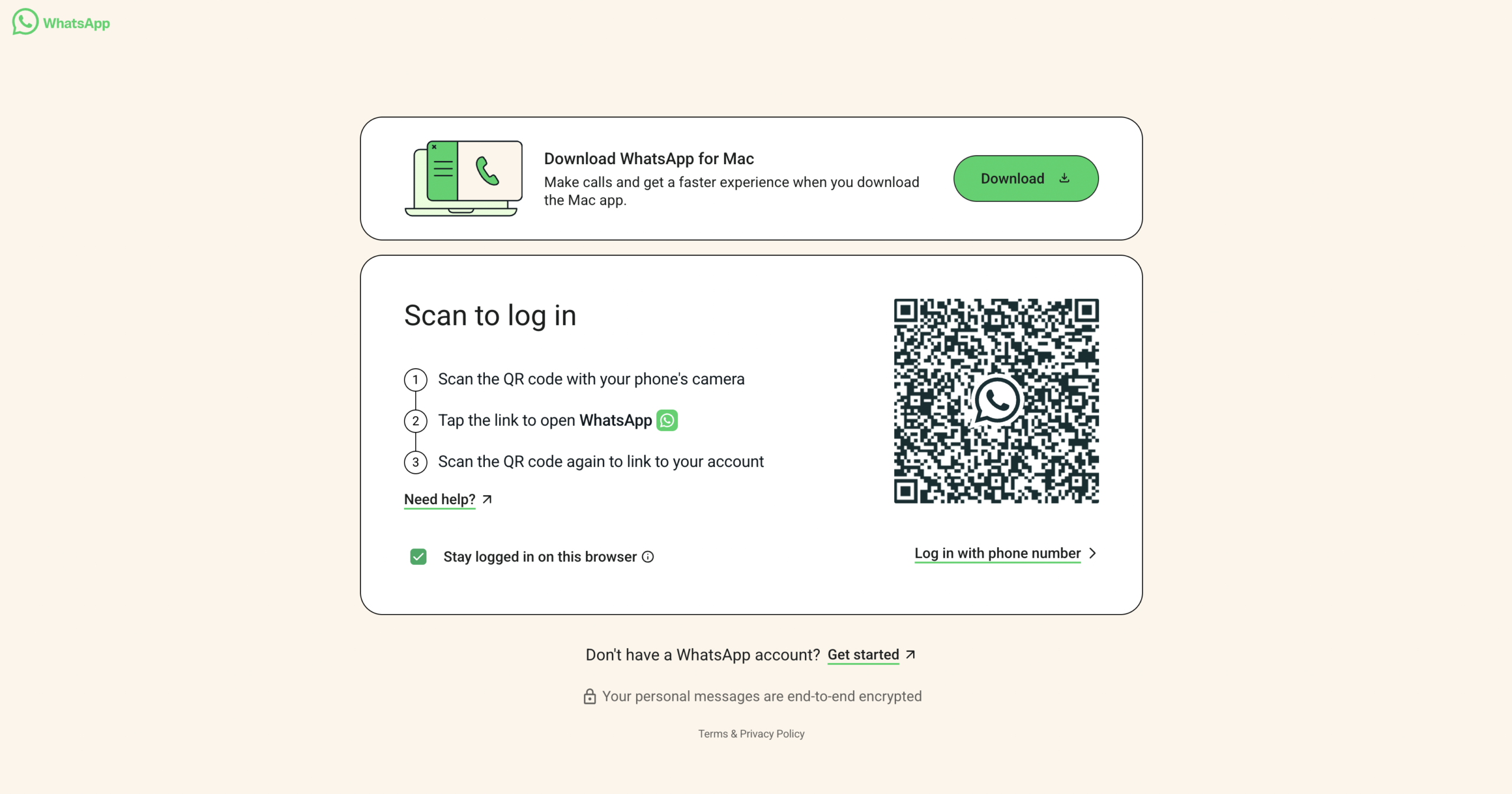 WhatsApp Web homepage showing the QR code